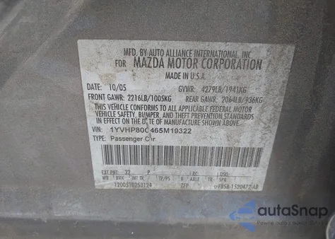 2006 Mazda Mazda6 I Sport z USA, uszkodzony, nr VIN 1YVHP80C465M19322